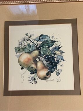 Artist Marilyn Simandle Framed Pear and Grape Watercolor Wall ART 19”by19” 🖼️